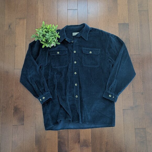 NAVY CHUNKY CORDUROY VINTAGE BUTTON UP FLANNEL SHIRT - Picture 1 of 2